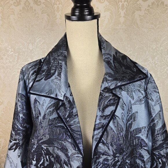Chico’s Size 2 (12/14) Blue Jacquard Metallic Open Front Long Jacket Rolled Cuff - Picture 2 of 13